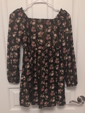 GAP Black Floral Long Sleeve Smocked Dress